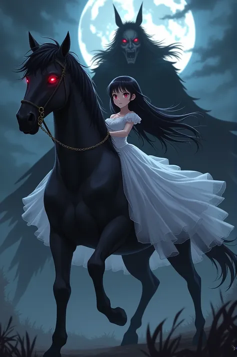 Beautiful anime girl with black horse with dark red and bright pink eyes, Villain with animal ears 