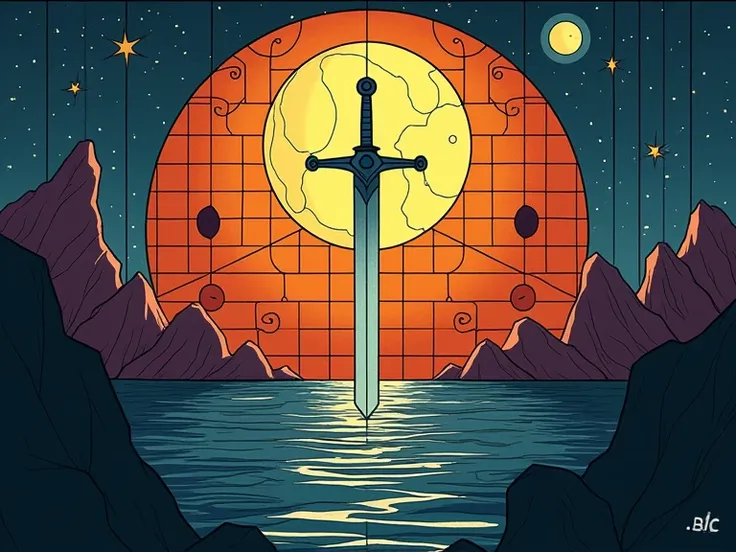 Minimalist stained glass, thick lines, central focus on the moon and a sword, book cover format, spine and back cover, without any person, nobody