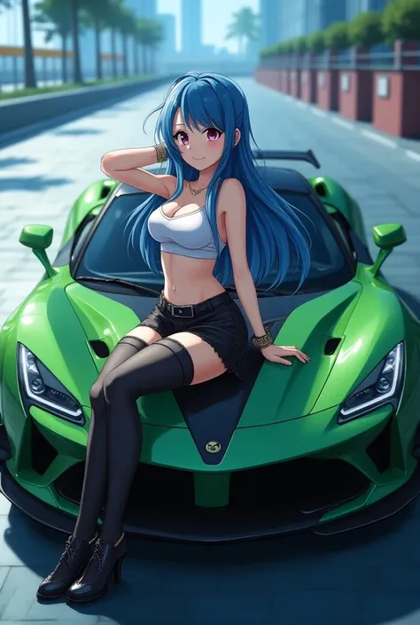 "Realistic anime shot, beautiful sexy dressed with long blue color young stunning woman posing in front of cool sports supercar, green and black colors dominate, anime style, key visuals, vivid, studio anime, highly detailed".