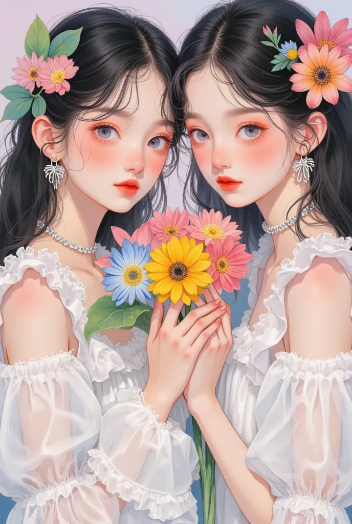 close-up shot of two girls in white dresses holding flowers in their hands，wearing earrings, inspired by yanjun cheng's digital ...