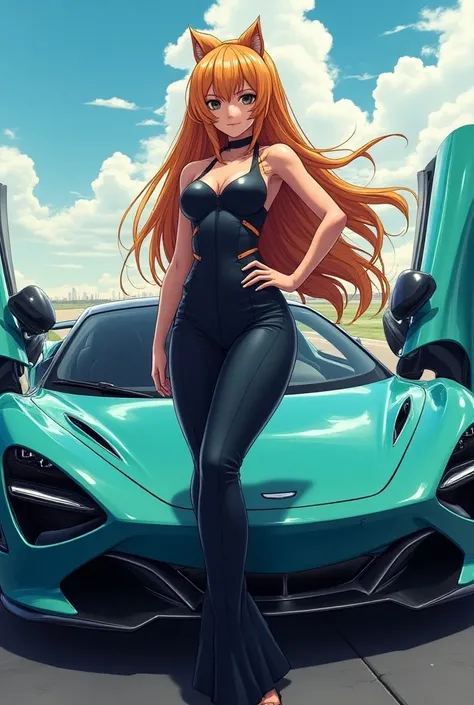 realistic anime shot, beautiful sexy dressed with lion long hair young stunning woman posing in front of a cool sports supercar, blue and green colors dominate, anime style, key visuals, vivid, studio anime, highly detailed".