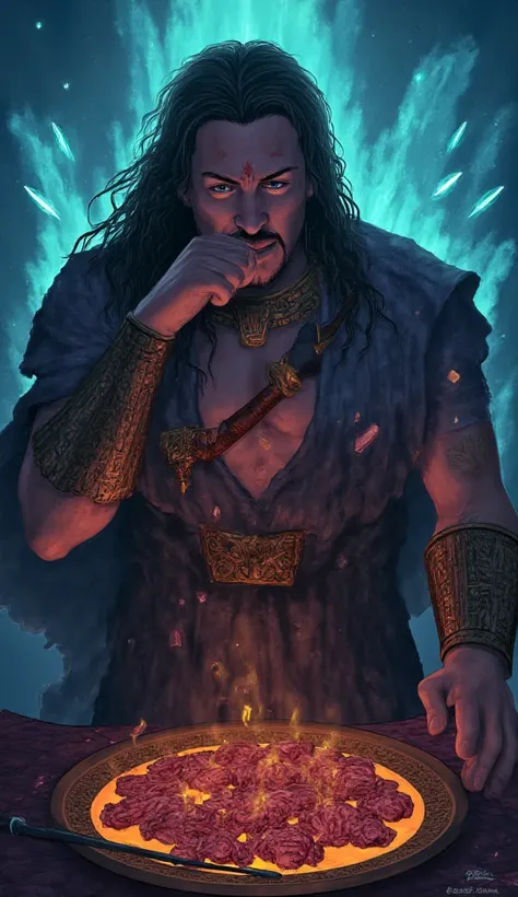 single warrior, Sahadev, with a determined expression, eating symbolic pieces of the brain under a mystical, glowing sky.