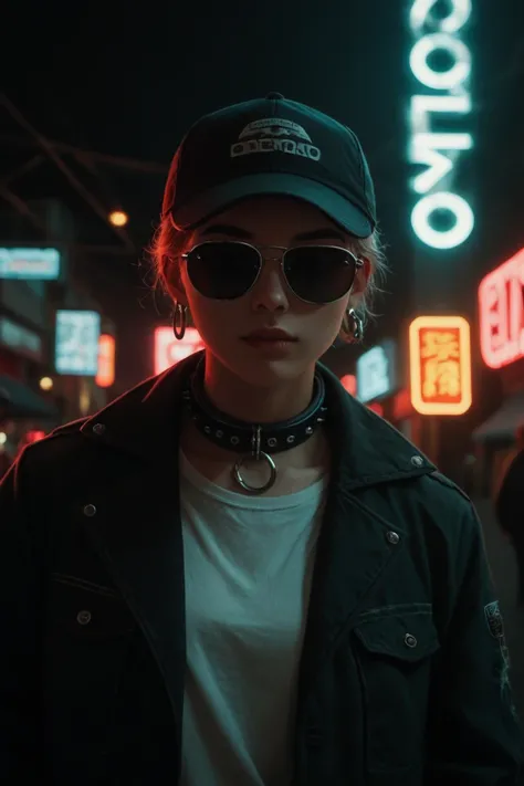 plano cercano del rostro, Alternative girl,  looking over black sunglasses , jacket, collar,  neon light reflections on the skin , earring, make-up,  imperfections in the skin ,  short hair , cap, neon light background , low light, profundidad de campo, al...