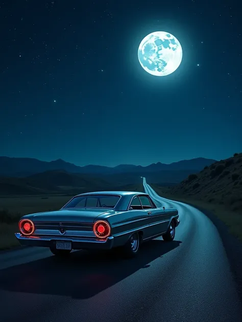 Visualize a stunning scene featuring a vintage Ford car parked on a long, winding road under a dark night sky. The landscape is tranquil, illuminated by a bright, full moon and twinkling stars scattered across the vast expanse. The car has a polished chrom...