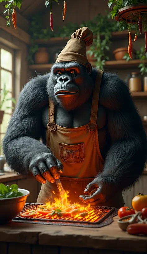 Gus, a gentle giant gorilla with wise eyes and a warm smile, carefully grills vegetables on a glowing, enchanted grill in a rustic kitchen. He wears a rugged apron with patches and a chef’s cap. Enchanted vines curl around wooden shelves in the background,...