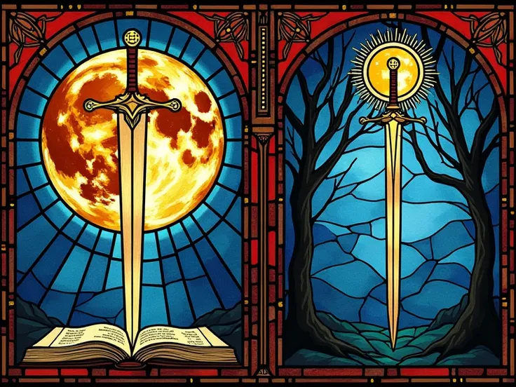 stained glass, thick lines,  central focus the moon and a sword,  book cover format ,  spine and back cover , Without any person, nobody