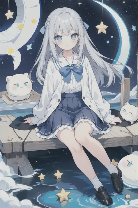 Gray hair、Very long hair · side tail on the right side · eyes of a different color 、Left eye is light blue、Right eye is gray · star-shaped pupil · small breasts · white blouse · large collar · light blue cardigan · light blue ribbon on the sleeve of the ca...