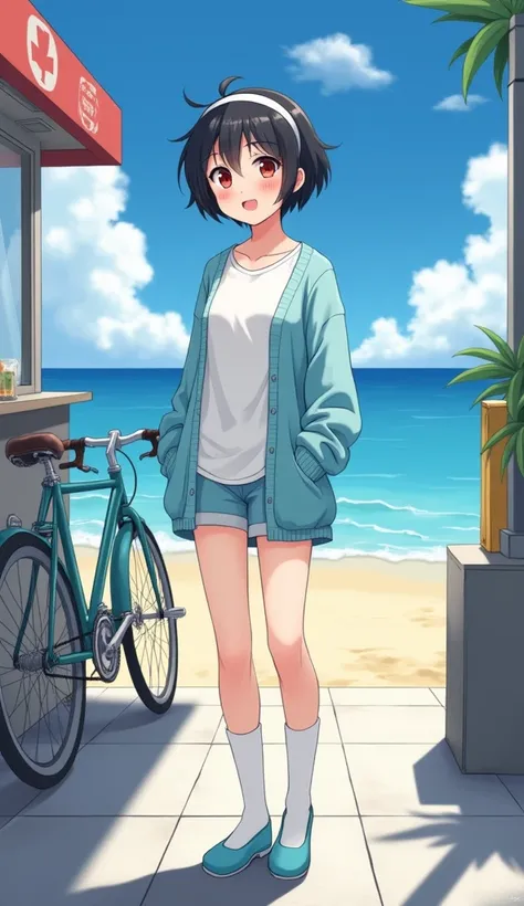 masterpiece, Best Quality,  Hi-Res,  very detailed,(((Cute black haired girl))), ((( Japanese Anime ))), ((( unkempt short hair ))), ((( white t-shirt ))), ((( Light Blue Cardigan))), ((( hotpants))), ((( white and light blue high socks))), (((pretty girl ...