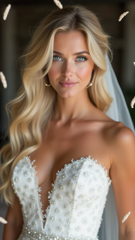  Create an image full of details . bride, blue eyes, Blonde hair, Blush, Rice,  looking at the viewer , breasts,  High resolution,  long hair,  Topping for photos