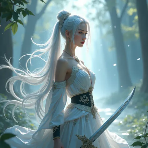 A stunning girl with white and silver hair， sexy and full body，Oriental pure face ，Holding a silver sword