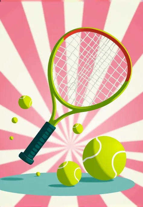  Create art to be used for a birthday invitation for the following theme: Tennis game.  Use the tennis racket and the balls . O fundo listrado rosa e White.  color palette : rosa, White, green and lime green