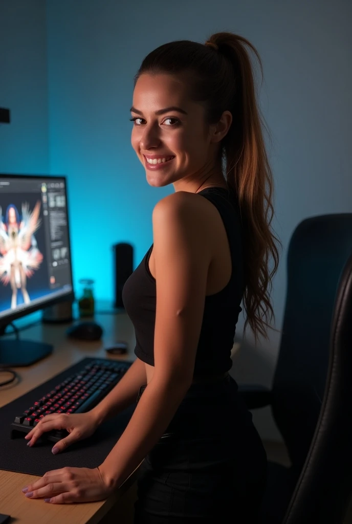  headshot of S272 _SofiaEspanha , a stunning woman ,  in a room facing a camera standing and smiling and with open arms, On the table there is a gamer keyboard and a gamer mouse and a monitor  ,using a (tank-top:1.1),( ponytail ),(4K, foto RAW,  best quali...