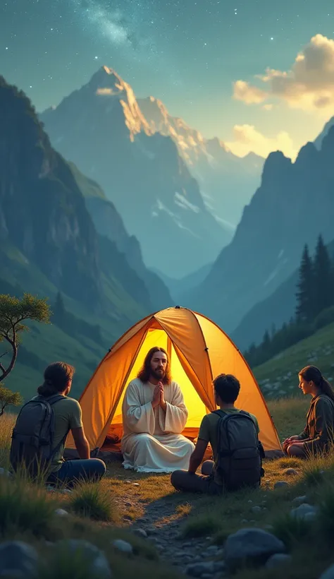 Jesus in white sitting praying in a camping tent with 3 hikers