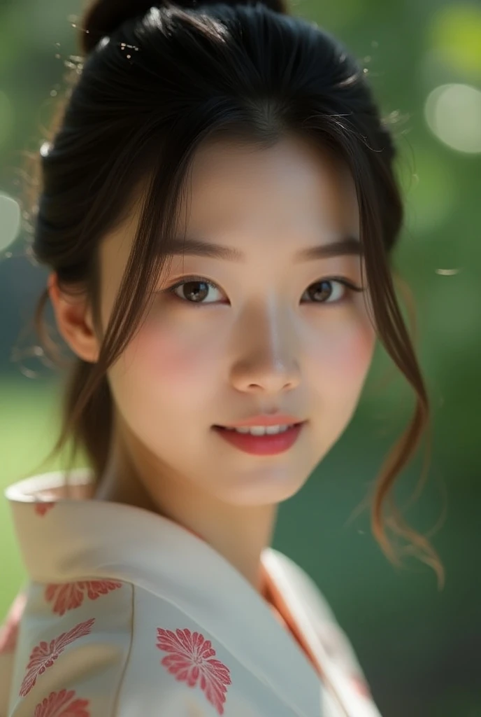 (( superior quality , 8K, masterpiece: 1.3)),  sharp focus: 1.2, (super beautiful face: 1.0), ( shiny skin : 1.0),   Realistic photographs,  black hair , realistic pupils, movie lighting,  eyes and face, movie lighting,  (cowboy shot: 1.0),  (kimono, Also,...