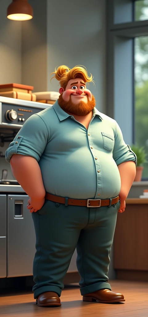 A pixar style image of a character standing in front of an industrial coffee machine. He works in an office setting and has a slightly uptight appearance, as if he’s always a bit uncomfortable. He is a bit stocky, with a slightly rounded build. He is weari...