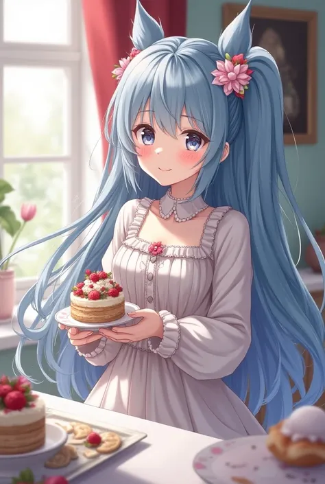 (8k,  RAW Photos, Best Quality, masterpiece:1.2),  1 girl, Long Hair, Blue Hair/Light blue hair,  accessories with gray hair,  anatomically correct,  decorative art, Beautiful girl in dress tea party cake smiling

