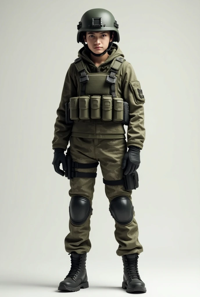 Student in jeans wearing military combat costume 