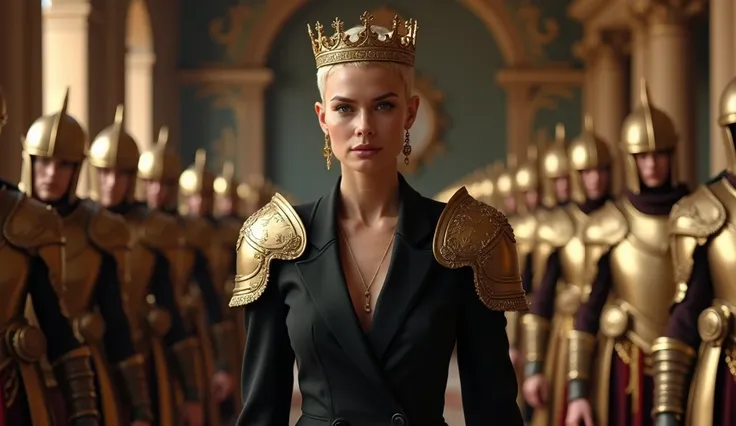  create a woman with very short blond hair ,, and a crown on her head ,  wearing a black suit and armoured shoulder pads , In the background of a palace ,  with a very large royal guard with smooth armor and golden helmet, medieval style,
