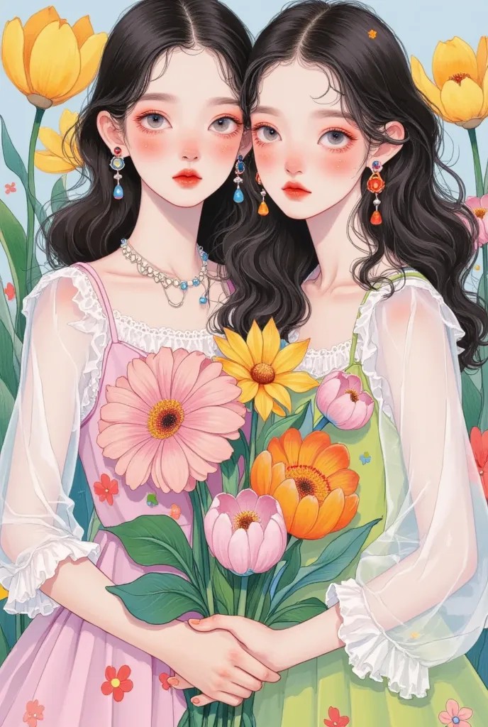 close-up shot of two girls in dresses holding flowers in their hands，wearing earrings, inspired by yanjun cheng's digital art , ...