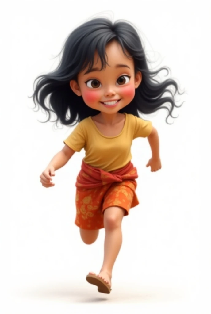 draw the funny indonesian girl, running after someone. use caricature realistic technique and a white background 