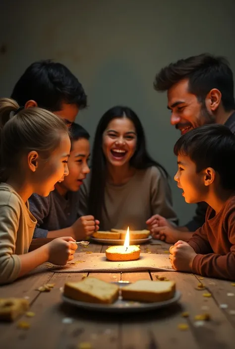 Two parts ,  first half of a cheerful family with only a piece of bread on the plate and the other part angry people 1,5, Discussing, expression of anger. Retrato Raw, hyper realistic, ultra defined, Perfect without defects of the characters .