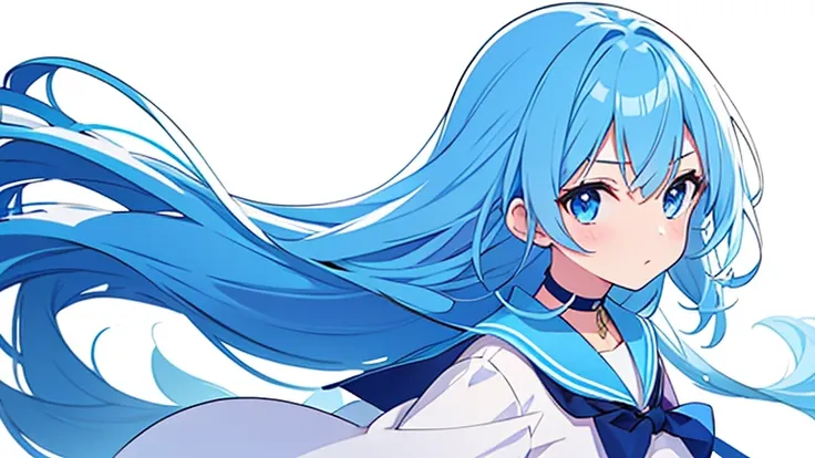 Pure white background、 I have a sword、 Long Blue Hair、Sailor&#39;   white uniform  