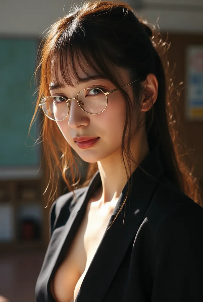 ghibli_surrealism,1 slender asian sexy woman, in the school, as teacher, with a fashionable gold glasses,wearing a suits . her a...