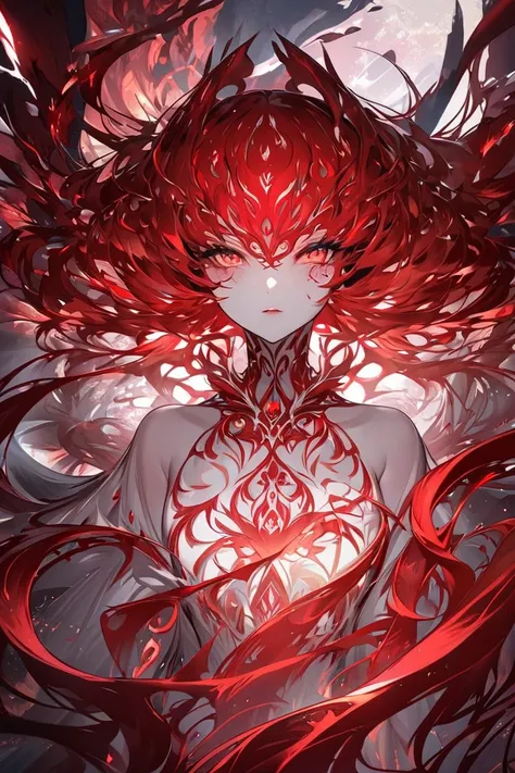 Create an ethereal, otherworldly girl with striking red hair, resembling a fusion of multiple monsters, but maintaining a human-like appearance. Her hair is long and flowing, a rich red color with subtle hints of orange and flame-like strands. Her eyes sho...