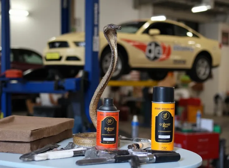 The car service can be depicted as a workshop with a car on a lift and tools and cans of oil "g-energy" in the foreground. A small decorative wooden snake can be added as a detail, for example, it can sit on something.