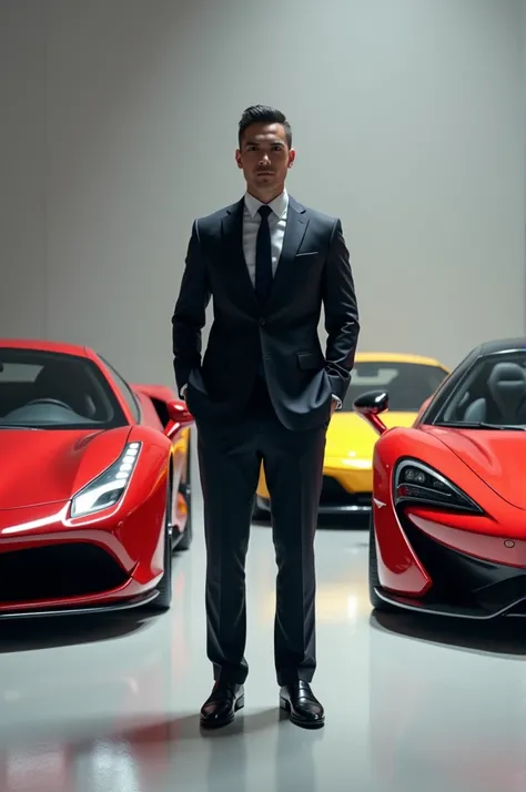 A person standing in front of 3 super cars 