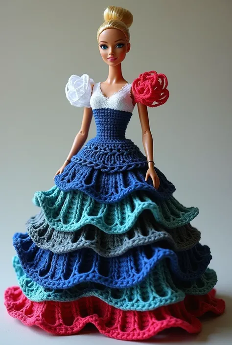 " A beautiful elegant Barbie wears a crochet dress with a bold and colorful design .  The dress consists of three main parts :  the upper part is white and has hollow and lace details on the chest ,  with voluminous shoulder pads that combine with white an...