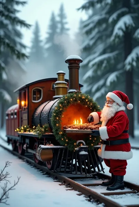  generate an image of a Santa Claus in the forest barbecuing on a pitsmoker train, Smoking meat 
