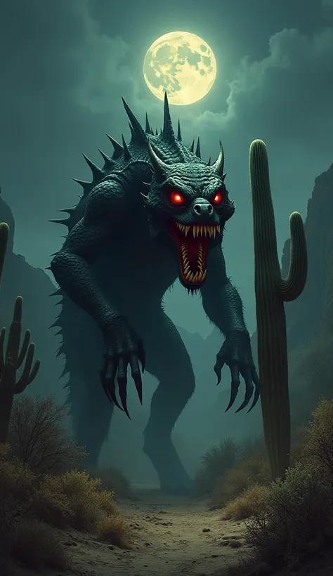  A creepy creature known as a Chupacabra ,  of reptilian appearance and rough skin ,  hidden in the shadows of a desert landscape at dusk.  The creature has bright red eyes and sharp teeth , Its claws are long and sharp. The scene is desert ,  with cacti a...