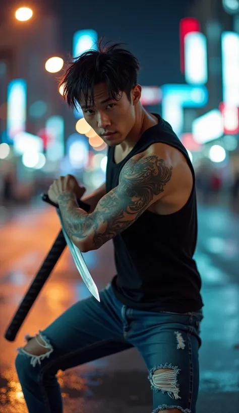 Cinematic photography, motion blur, a handsome korea man lee min ho and a sharp katana, katana focus,katana with shining blade, him has messy black hair, she wear black tanktop show him body have a real full tattoes on him arm and chest, with long denim ri...