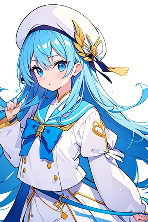 Pure white background、 I have a sword、  white hat with gold decoration、Long Blue Hair、Sailor&#39;   white uniform  