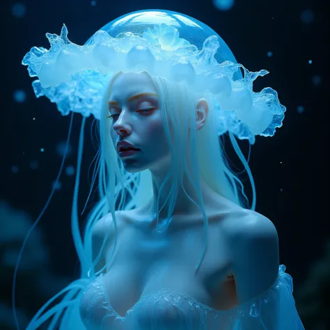 Imagine an intriguing character, a woman with a jellyfish head, her countenance an intricate, ethereal jellyfish bell. Her body should be glistening and covered in slimy tentacles that undulate elegantly. Place her in a bioluminescent underwater setting, w...