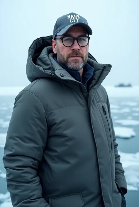 40 years old man with backwards NYC cap, blue eyes, eskimo, short beard, manteau, capuche sur la tête, very round glasses, middle long hair, on the ice floe