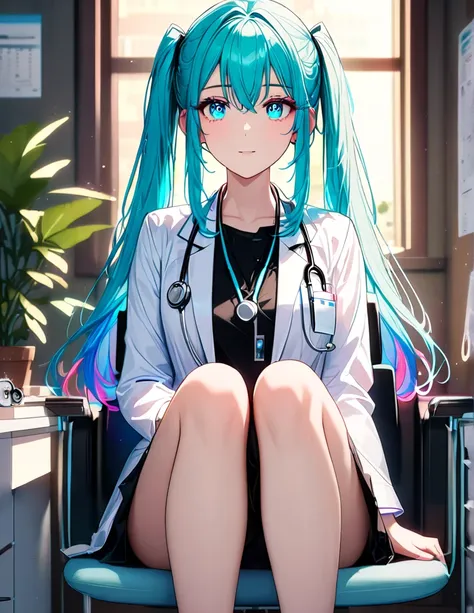 A high-resolution, 8K image of a beautiful young woman dressed as a doctor, sitting in a modern medical consultation room and waiting for her next patient. She is wearing a white doctor’s coat over a professional outfit, with a gentle and reassuring expres...