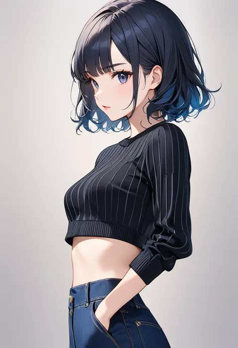 (masterpiece, best quality:1.1), (ultra highres, ultra-detailed:1.2),A stylish, attractive girl wearing a Sonia Rykiel-inspired Poor Boy Sweater in a cropped, form-fitting design that accentuates her silhouette and reveals her midriff. The sweater has a ri...