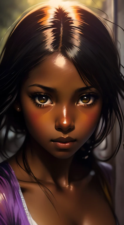 (( Beautiful and lonely Caribbean woman with dark skin and striking eyes)),   shaded interior background  , Art by Akihiko Yoshida,  manga art style , Color illustration,  creepy atmosphere ,  global lighting ,  de Frank Frazetta , art by goro fujita, Flag...