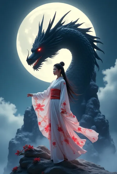 general、 bright colors 、。 The girl in a white kimono dyed with red flowers、 next to a black dragon on top of the mountain 。 The full moon in the background supports them exactly 。Girl and dragon 、Best Effect