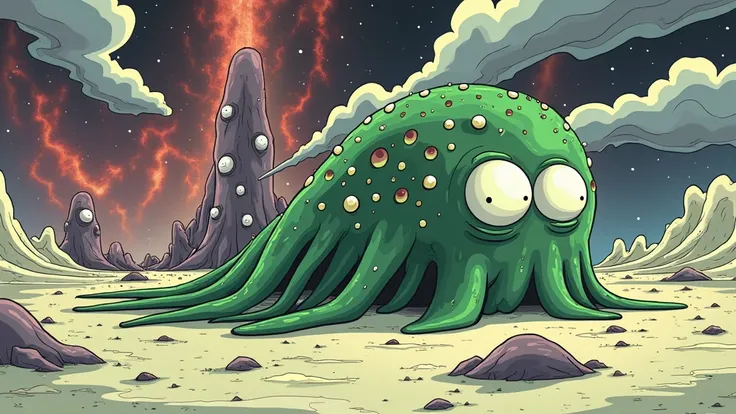 A giant Jell-O multi-eyed monster from another dimension, rick and morty art style, animation style of rick and morty, in the style of rick and morty