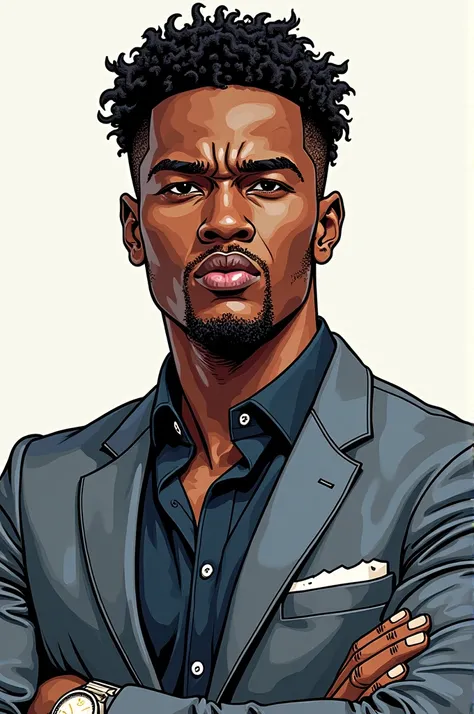 Textures, calligraphic line art  , a 23-year-old black man,ink color style  ,comic book,cartoon, Intricate Details,sharp focus,  High resolution,CEO