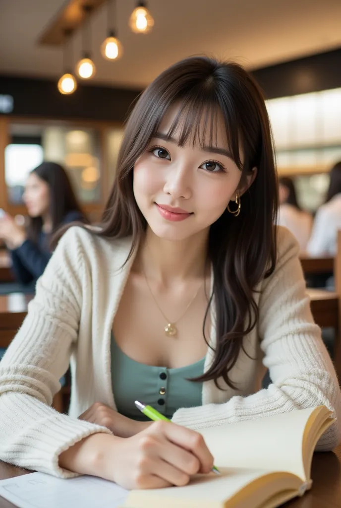 neat-girl,High image quality (8k image quality), high resolution, excellent work, appropriate depth of field, appropriate focus, Leica camera quality, RAW image quality, real, women studying at a cafe, detailed pupils, detailed lips, perfect hands, perfect...