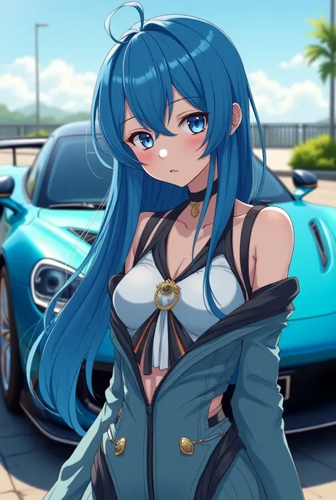 realistic anime shot, beautiful sexy dressed with blue long hair young stunning woman posing in front of cool sports supercar, blue and green colors dominate, anime style, key visuals, vivid, studio anime, highly detailed, (background and car hyperreal: 1....