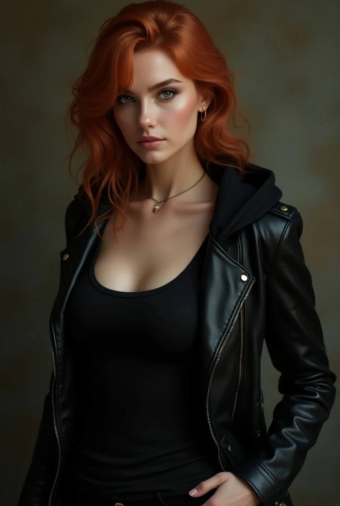 A 39 hot and Beautiful Woman Closed Mouth, 8K Octane, Dark green eyes,Ginger Hair,With black tshirt with unzipped Hoodie and Black Leather Jacket,HD, High Resolution, Breasts, 