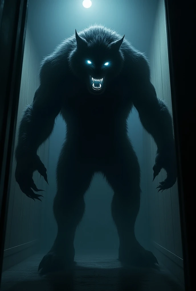 Create a  big werewolf in bedroom in darker place watching you. Turn off lights in room. Stop generator lights. Glowing white eyes and glowing teeth.