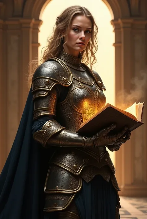 Woman is dressed as war armor , She is standing in front of a door the door is open in one hand she is holding a local illuminated Bible Of course the image is behind her