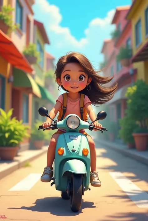 Cute girl riding a mini motorbike carrying a backpack