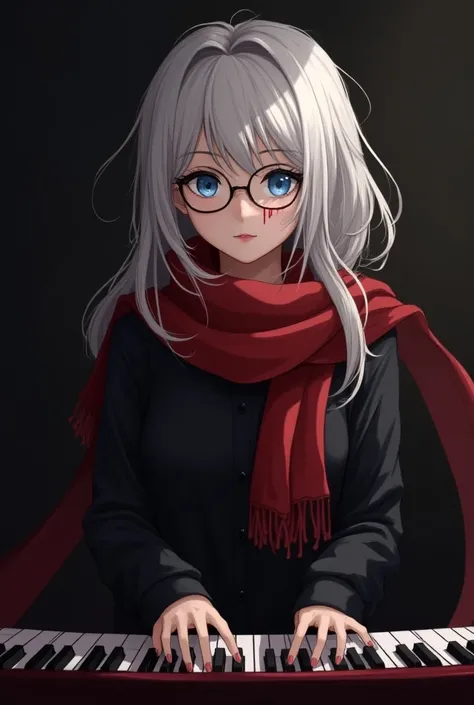 A girl wearing red scarf around her neck with long hair glasses on, cute yet mature face and black shirt white hairs blue eyes smiling and playing piano in a dark place and make it real life yet imperfect and hairs are like in air make her look mature smil...